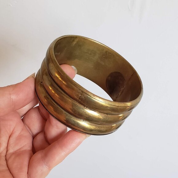 2pcs Vintage BRASS & WOOD Bangles Bracelets Wide Minimalist Modernist - Picture 9 of 12